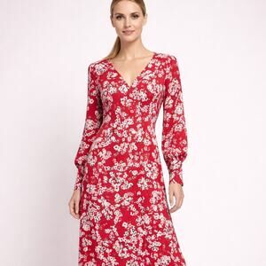 Halogen Dress Womens Medium Red White Midi Length Long Sleeve Wrap NWT